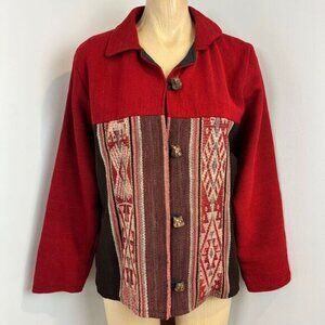 Vintage 70s Handmade Argyle Print Red Wood Button Owls Jacket Coat Size Small